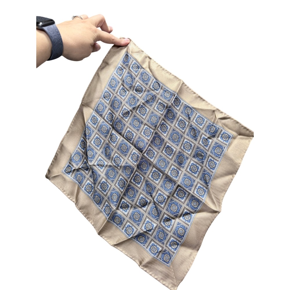 Joseph Abboud Pocket Square Mens OS Tan Blue Geometric Silk NWT